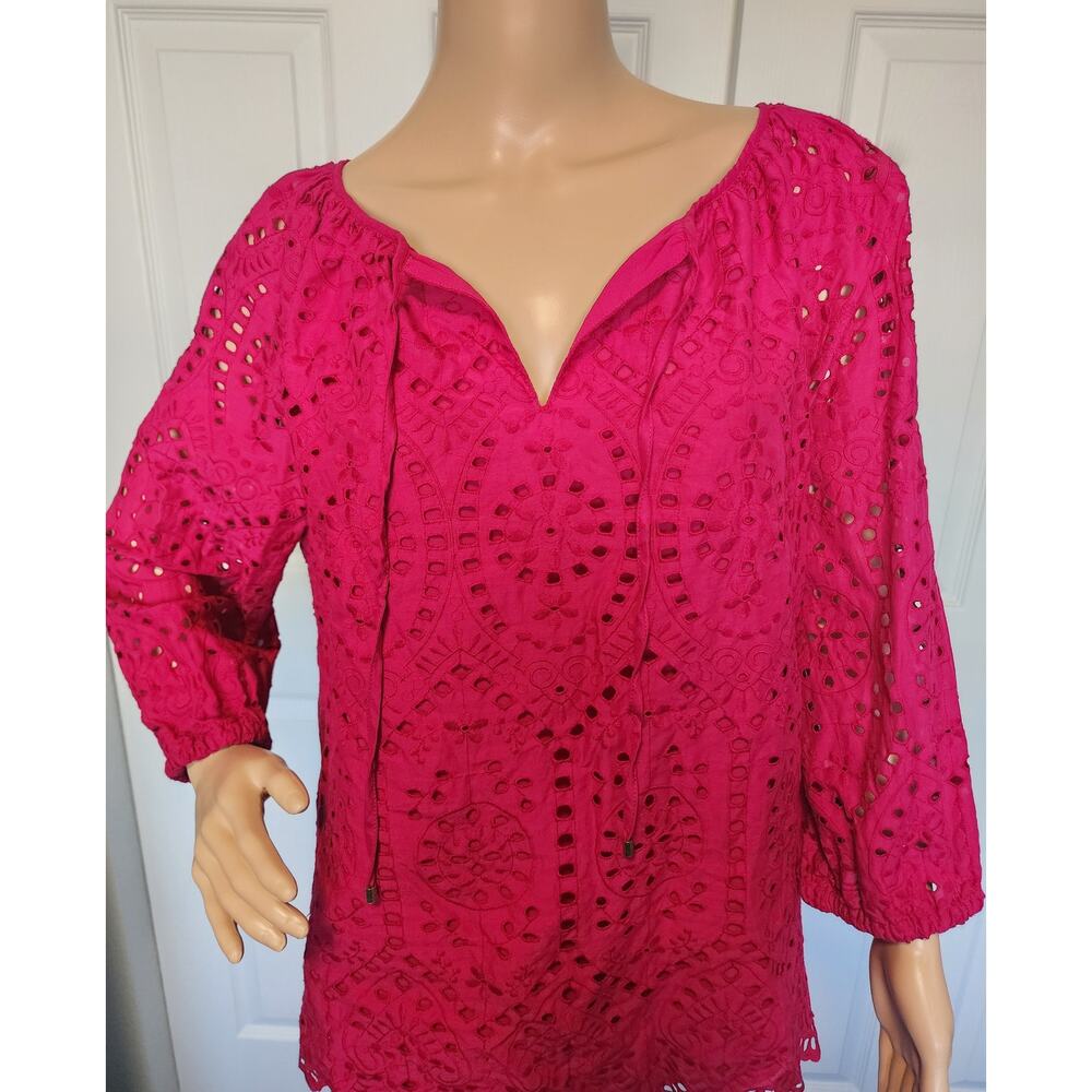 Women's Lauren Ralph Lauren Fuchsia Eyelet Lace Peasant Top 3/4 Sleeve Large